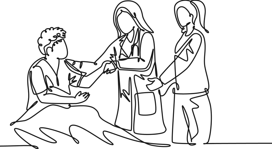 Line art illustration of a nurse helping a patient