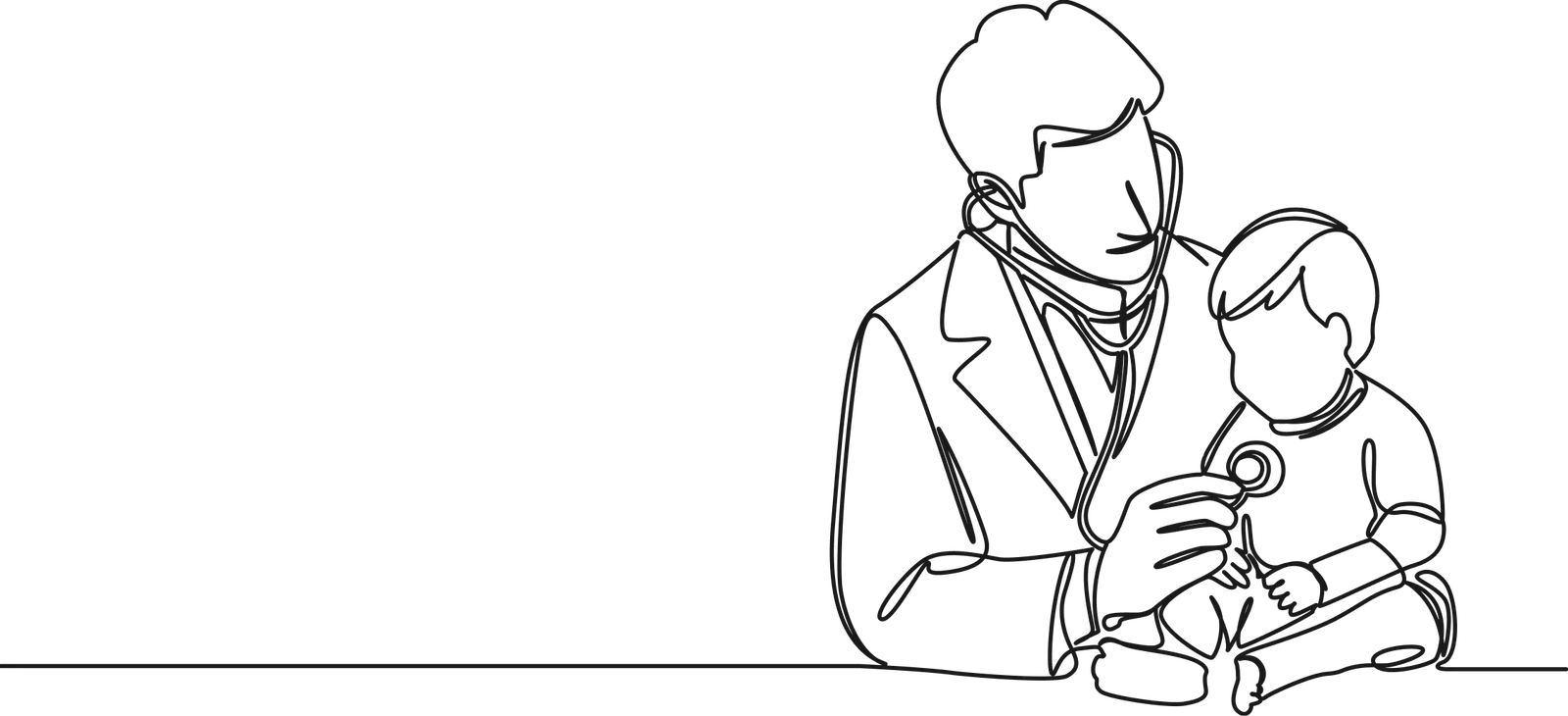 Line art illustration of a doctor checking a child